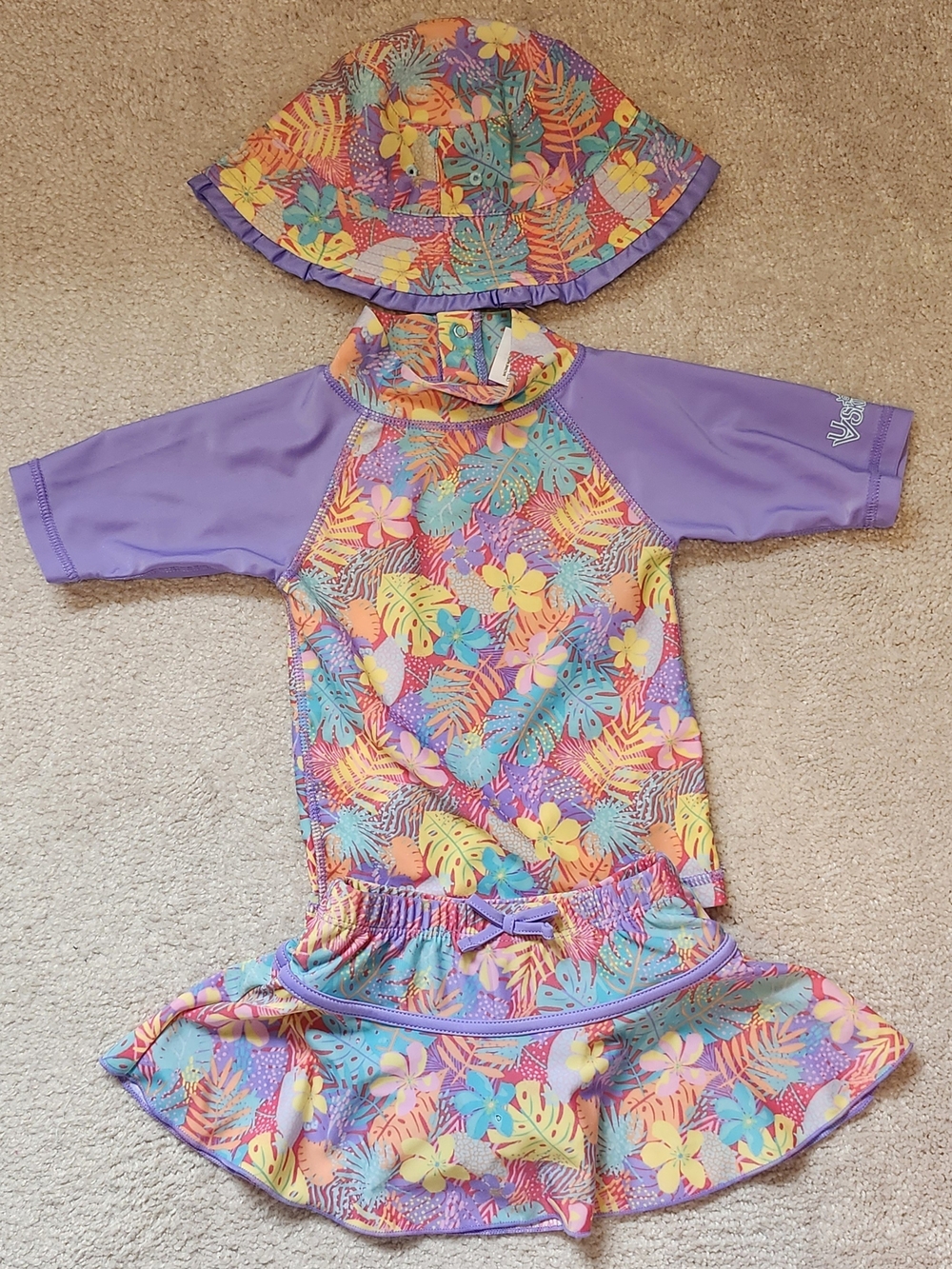 Girls' Purple Floral One-Piece Swim Dress with Matching Sun Hat